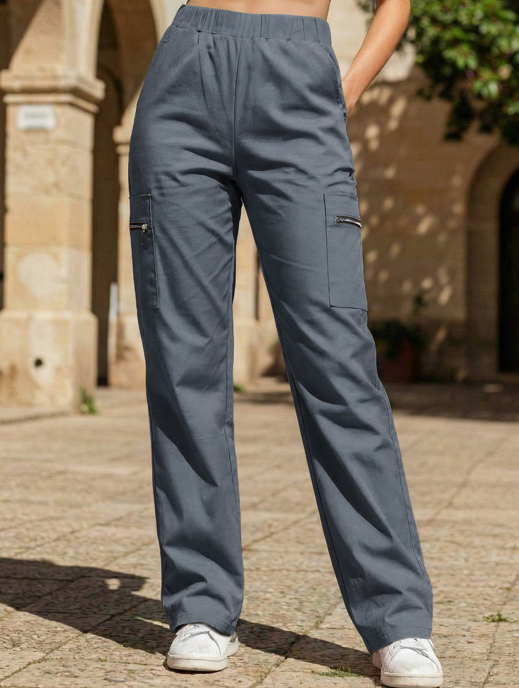 Pantalones de pierna recta sueltos de talle alto para mujer, casuales, de oficina, formales, para el día a día, de longitud hasta el suelo – Azul marino