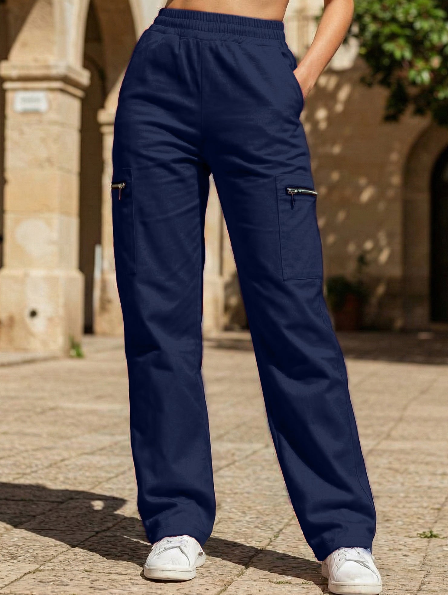 Pantalones de pierna recta sueltos de talle alto para mujer, casuales, de oficina, formales, para el día a día, de longitud hasta el suelo – Azul marino