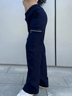 Pantalones de pierna recta sueltos de talle alto para mujer, casuales, de oficina, formales, para el día a día, de longitud hasta el suelo – Azul marino