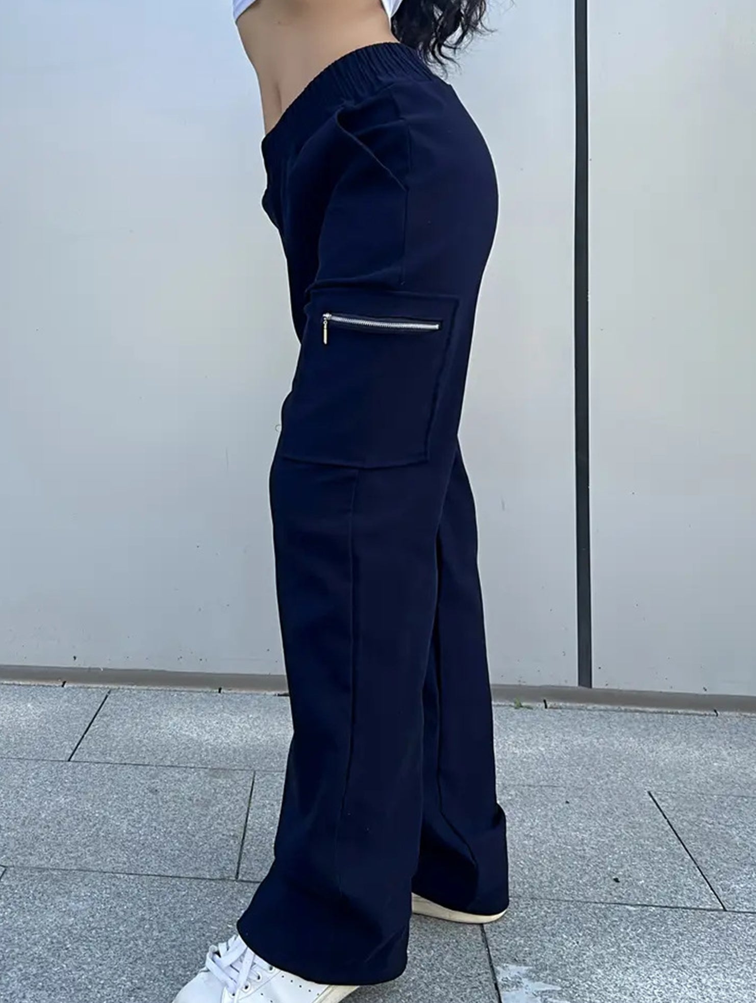 Pantalones de pierna recta sueltos de talle alto para mujer, casuales, de oficina, formales, para el día a día, de longitud hasta el suelo – Azul marino