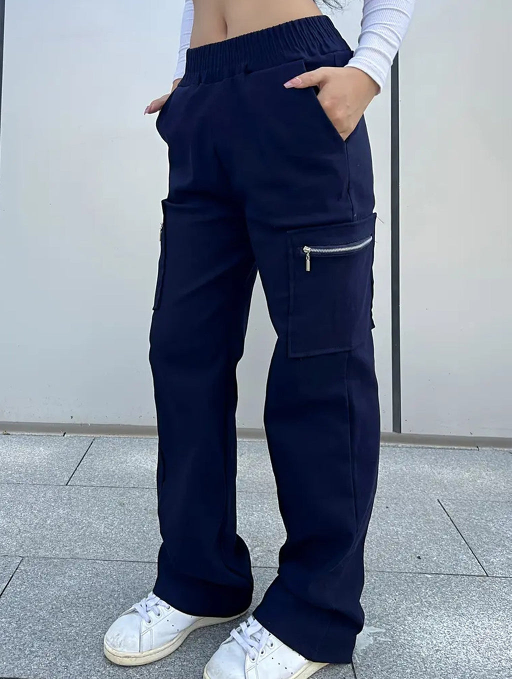 Pantalones de pierna recta sueltos de talle alto para mujer, casuales, de oficina, formales, para el día a día, de longitud hasta el suelo – Azul marino