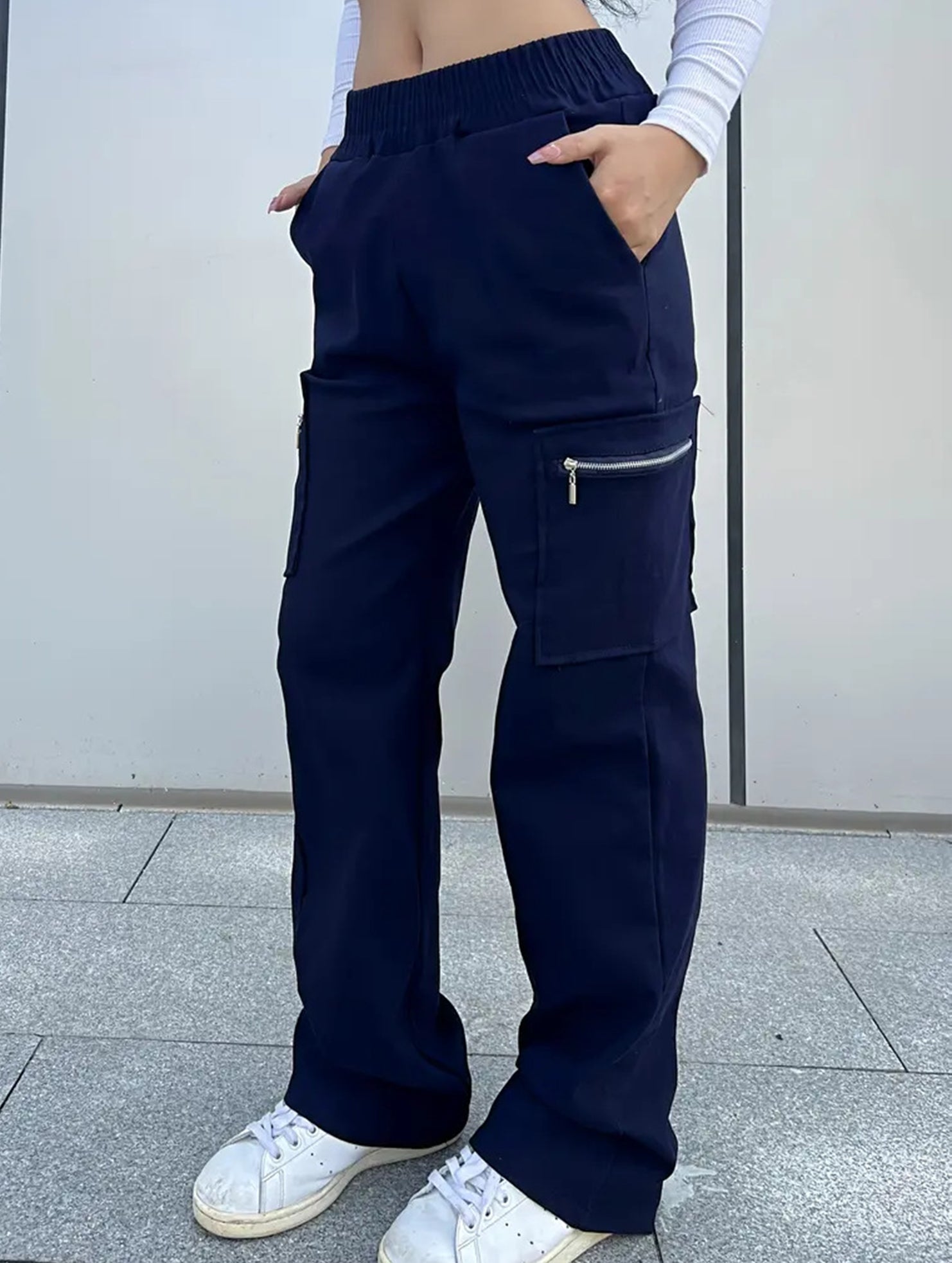 Pantalones de pierna recta sueltos de talle alto para mujer, casuales, de oficina, formales, para el día a día, de longitud hasta el suelo – Azul marino
