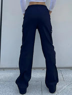 Pantalones de pierna recta sueltos de talle alto para mujer, casuales, de oficina, formales, para el día a día, de longitud hasta el suelo – Azul marino