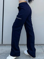 Pantalones de pierna recta sueltos de talle alto para mujer, casuales, de oficina, formales, para el día a día, de longitud hasta el suelo – Azul marino