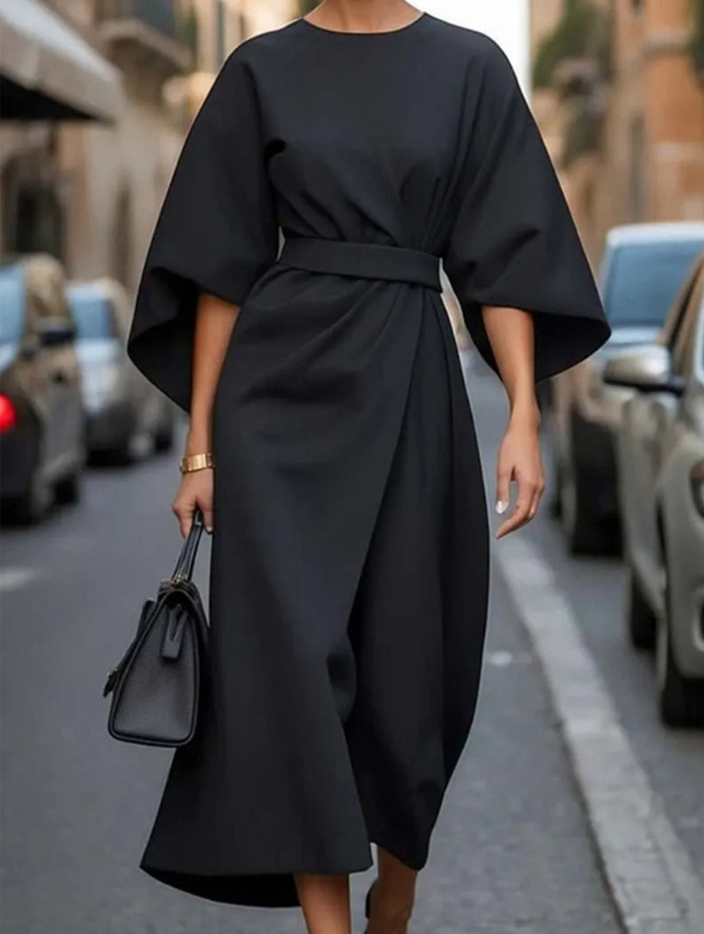 Vestido Midi Elegante de Color Sólido con Nudo para Mujeres, Manga Murciélago, Poliéster, Vestido Formal para Invitadas de Boda