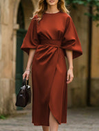 Vestido Midi Elegante de Color Sólido con Nudo para Mujeres, Manga Murciélago, Poliéster, Vestido Formal para Invitadas de Boda