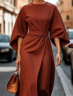 Vestido Midi Elegante de Color Sólido con Nudo para Mujeres, Manga Murciélago, Poliéster, Vestido Formal para Invitadas de Boda
