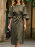 Vestido Midi Elegante de Color Sólido con Nudo para Mujeres, Manga Murciélago, Poliéster, Vestido Formal para Invitadas de Boda