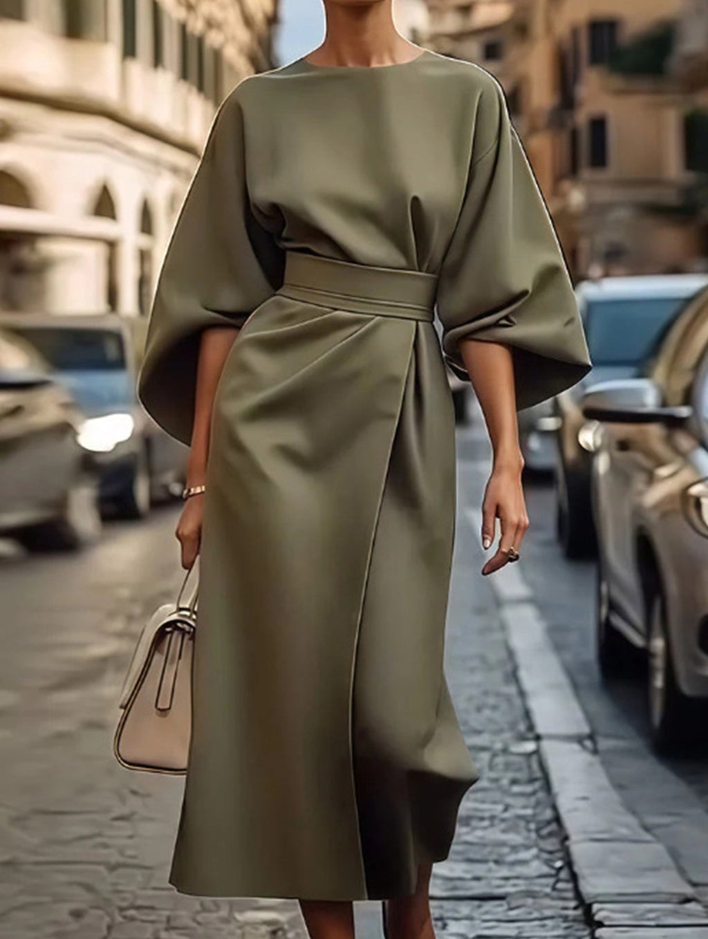 Vestido Midi Elegante de Color Sólido con Nudo para Mujeres, Manga Murciélago, Poliéster, Vestido Formal para Invitadas de Boda
