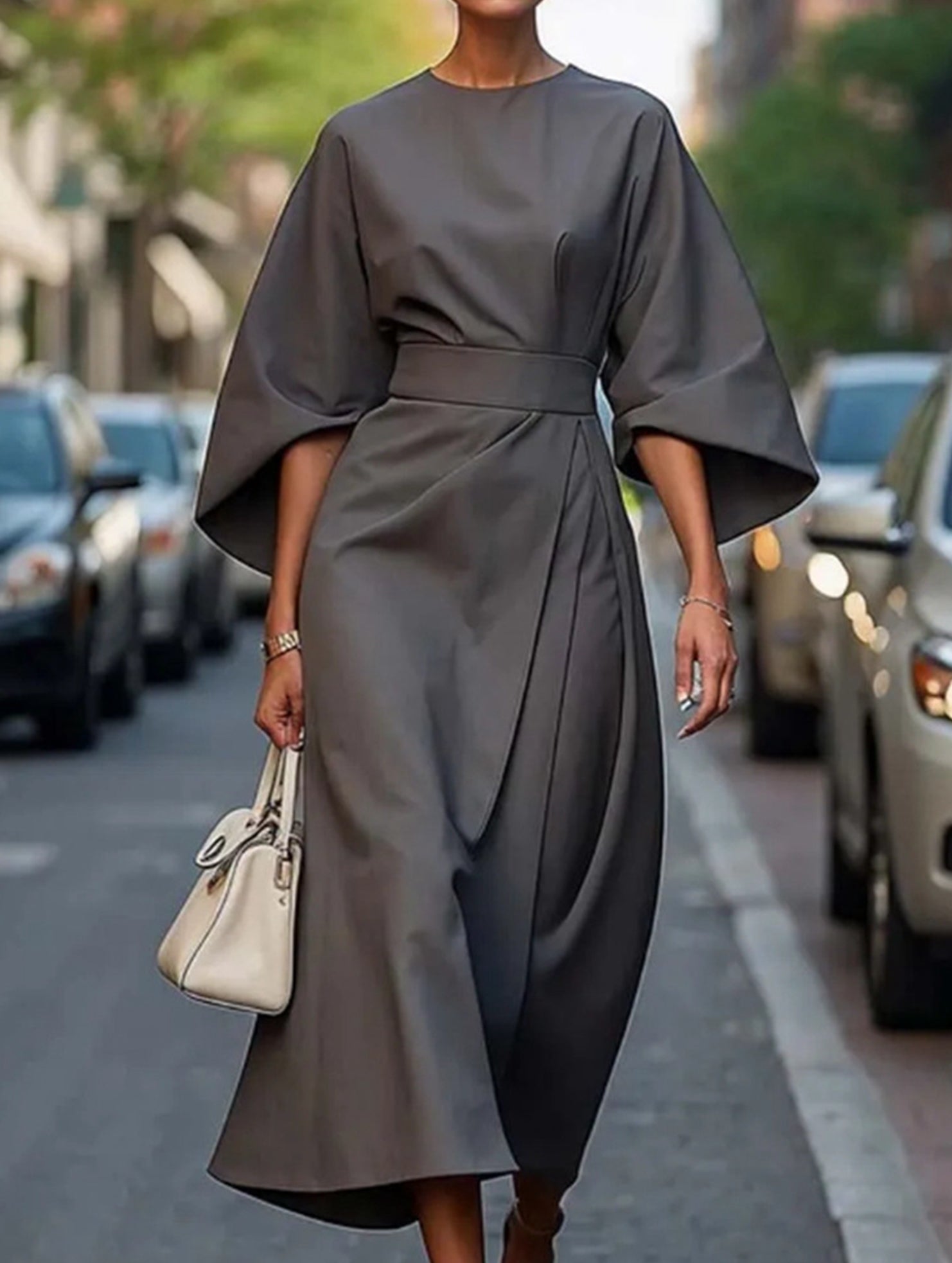 Vestido Midi Elegante de Color Sólido con Nudo para Mujeres, Manga Murciélago, Poliéster, Vestido Formal para Invitadas de Boda
