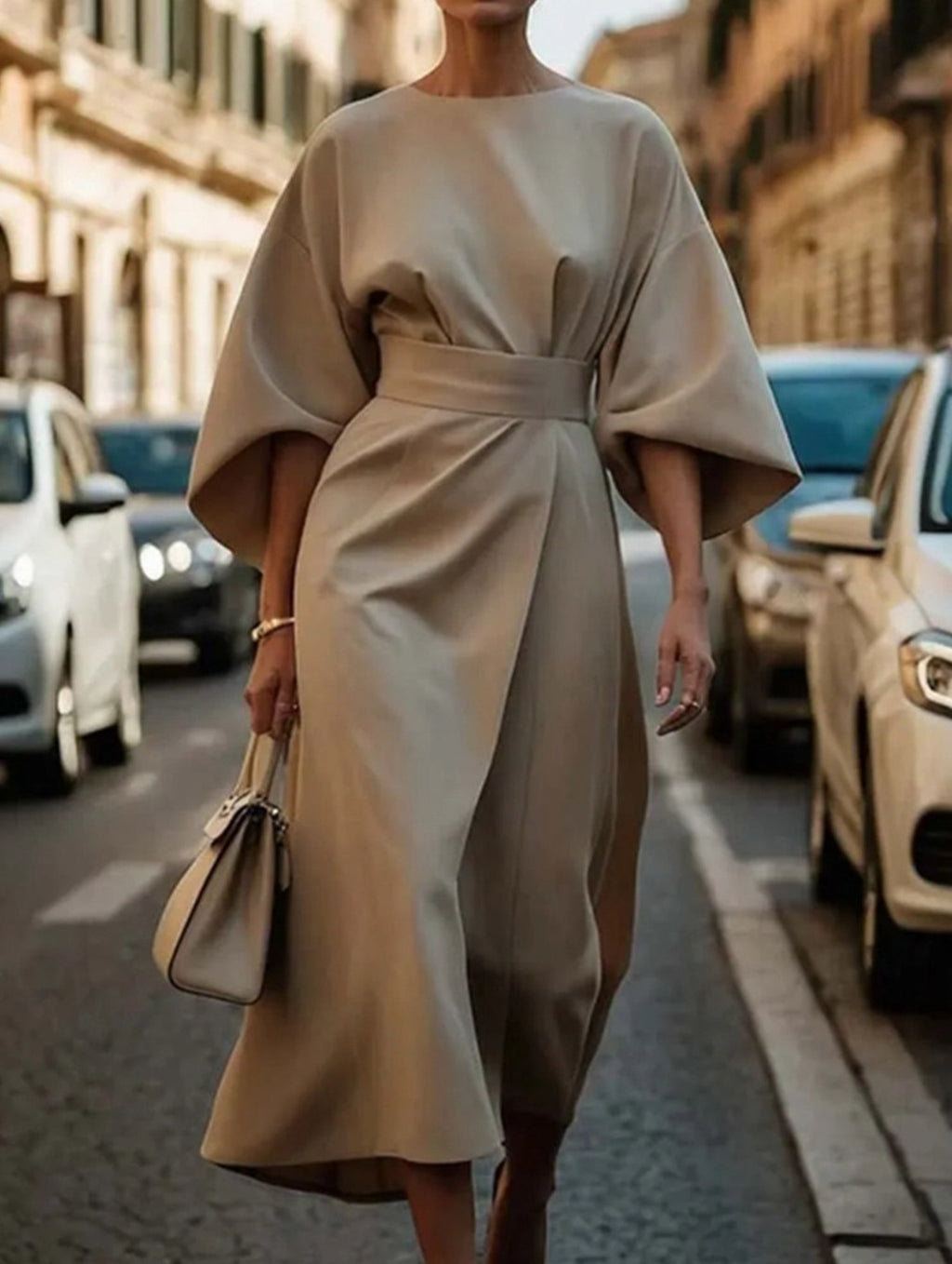 Vestido Midi Elegante de Color Sólido con Nudo para Mujeres, Manga Murciélago, Poliéster, Vestido Formal para Invitadas de Boda
