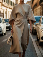 Vestido Midi Elegante de Color Sólido con Nudo para Mujeres, Manga Murciélago, Poliéster, Vestido Formal para Invitadas de Boda