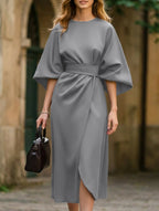Vestido Midi Elegante de Color Sólido con Nudo para Mujeres, Manga Murciélago, Poliéster, Vestido Formal para Invitadas de Boda