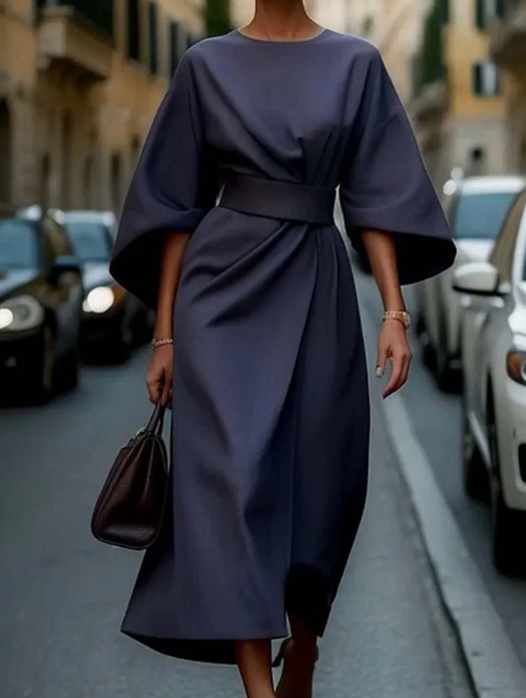 Vestido Midi Elegante de Color Sólido con Nudo para Mujeres, Manga Murciélago, Poliéster, Vestido Formal para Invitadas de Boda