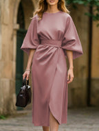 Vestido Midi Elegante de Color Sólido con Nudo para Mujeres, Manga Murciélago, Poliéster, Vestido Formal para Invitadas de Boda