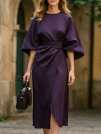 Vestido Midi Elegante de Color Sólido con Nudo para Mujeres, Manga Murciélago, Poliéster, Vestido Formal para Invitadas de Boda