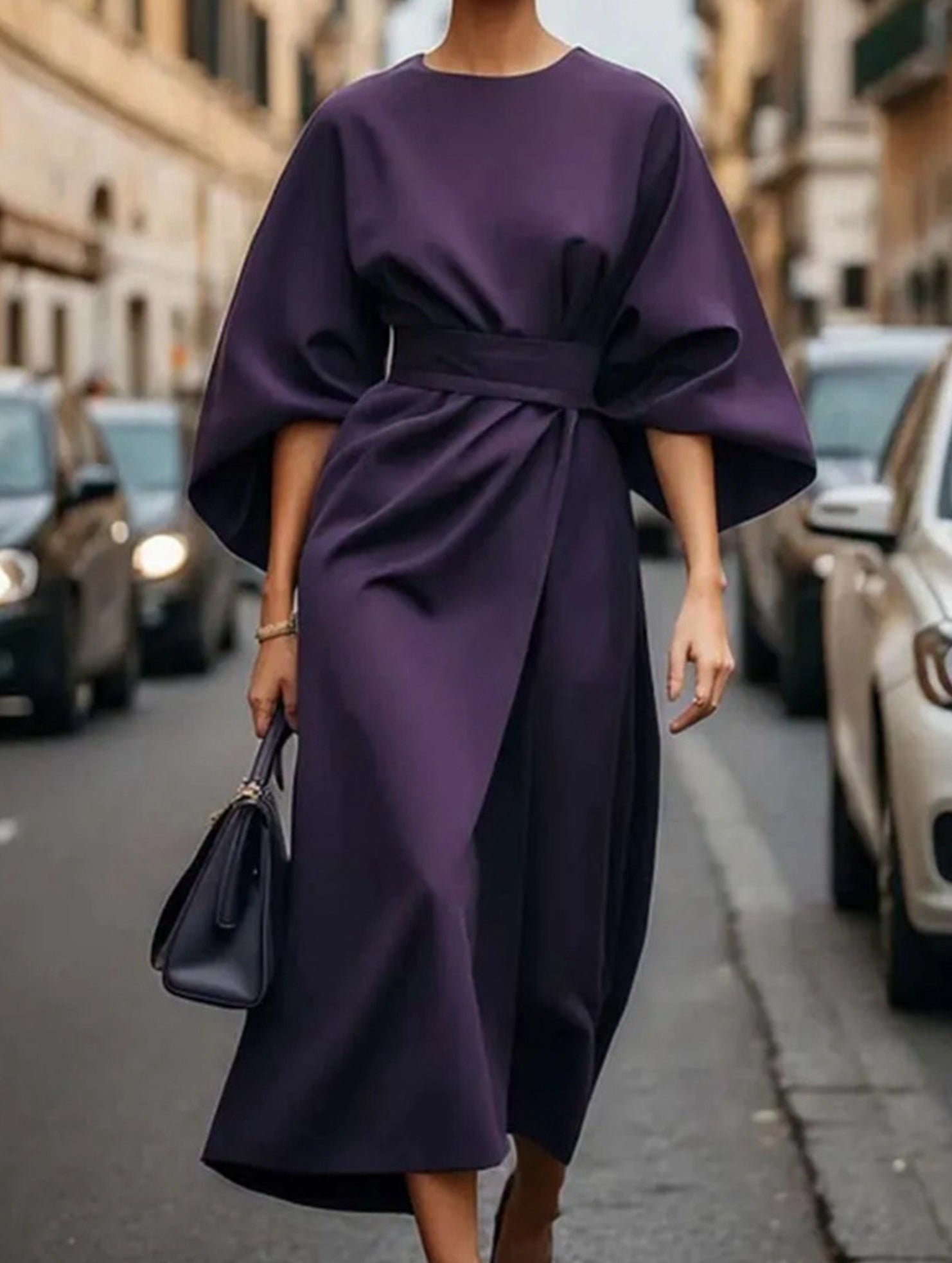 Vestido Midi Elegante de Color Sólido con Nudo para Mujeres, Manga Murciélago, Poliéster, Vestido Formal para Invitadas de Boda