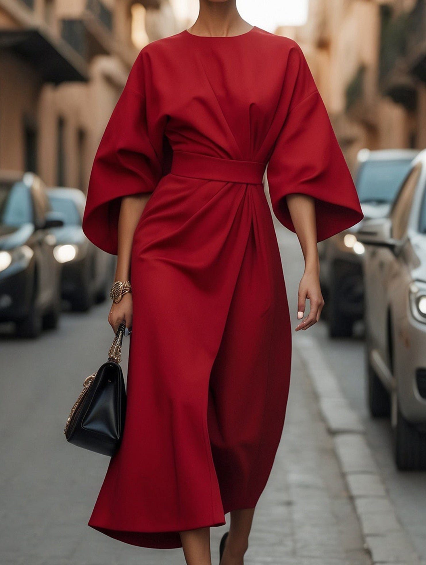 Vestido Midi Elegante de Color Sólido con Nudo para Mujeres, Manga Murciélago, Poliéster, Vestido Formal para Invitadas de Boda
