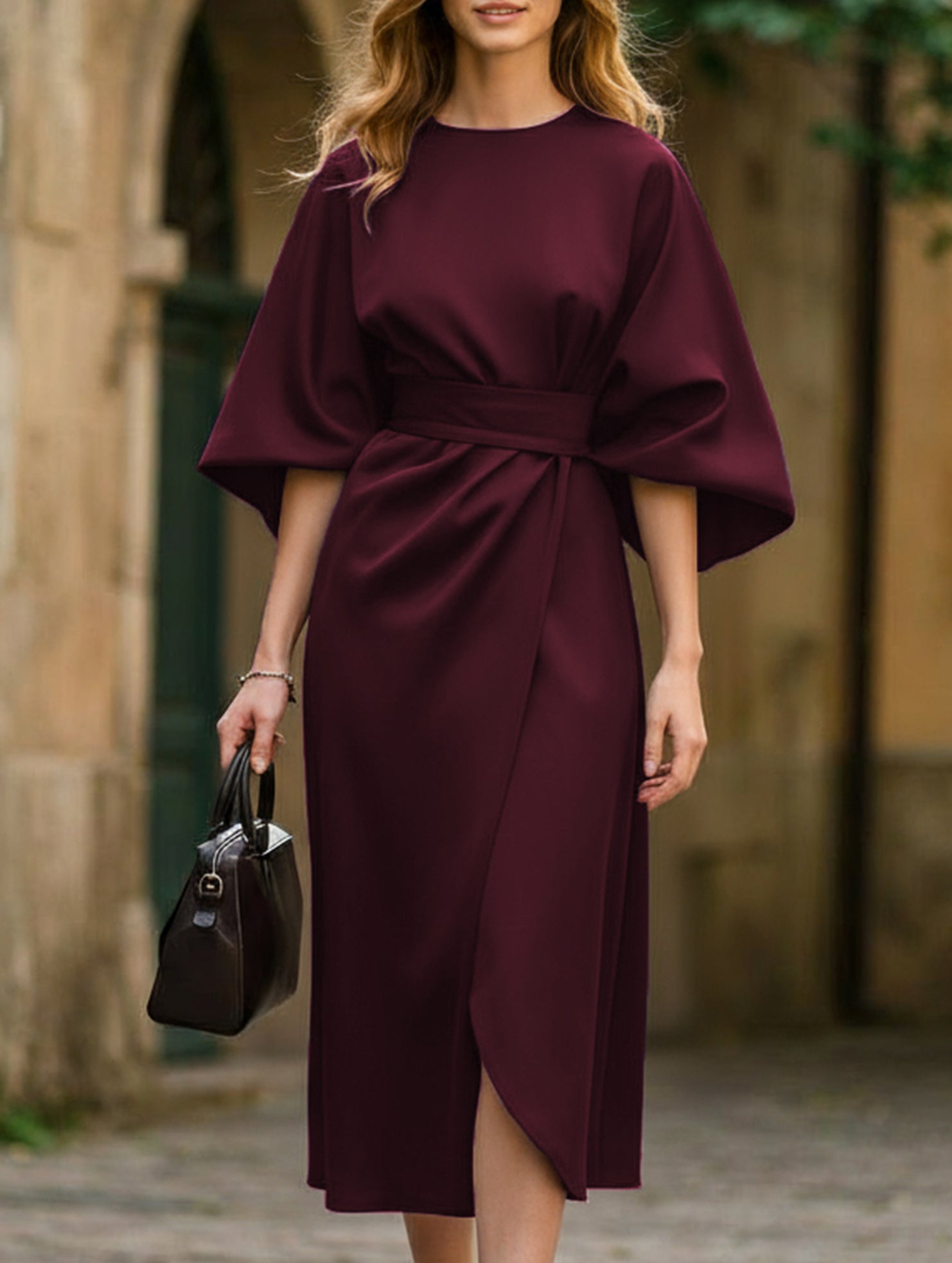 Vestido Midi Elegante de Color Sólido con Nudo para Mujeres, Manga Murciélago, Poliéster, Vestido Formal para Invitadas de Boda