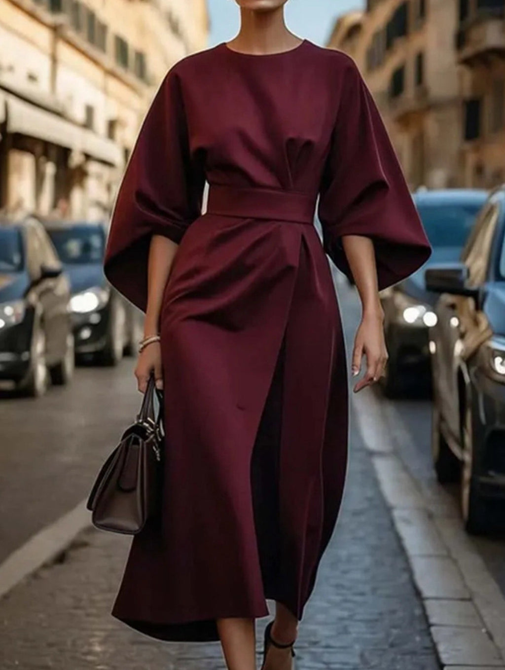 Vestido Midi Elegante de Color Sólido con Nudo para Mujeres, Manga Murciélago, Poliéster, Vestido Formal para Invitadas de Boda