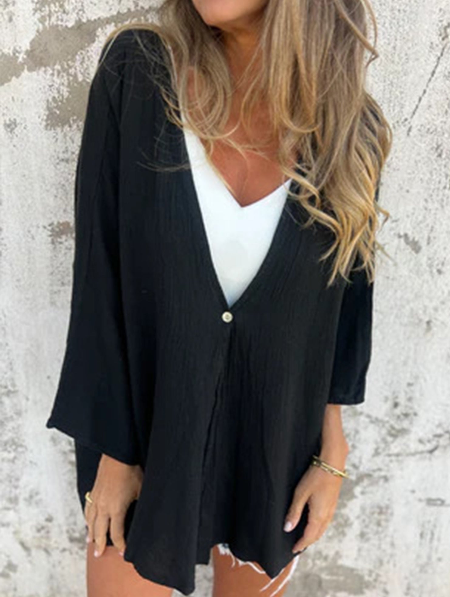 Cardigan Suelto de Mujer con Cuello en V y Mangas de Longitud Media, Abierto por Delante, Ligero y Casual para el Día a Día – Multicolor