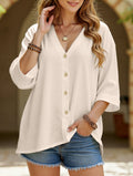 Cárdigan de botón de cuello en V de talla grande para mujer, manga suelta, blusa casual de uso diario – Multicolor