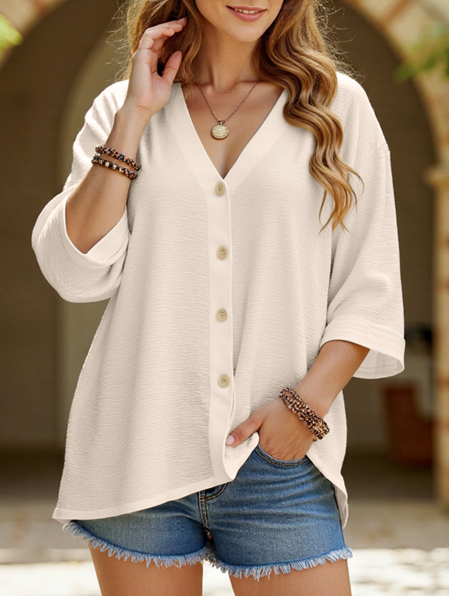 Cárdigan de botón de cuello en V de talla grande para mujer, manga suelta, blusa casual de uso diario – Multicolor