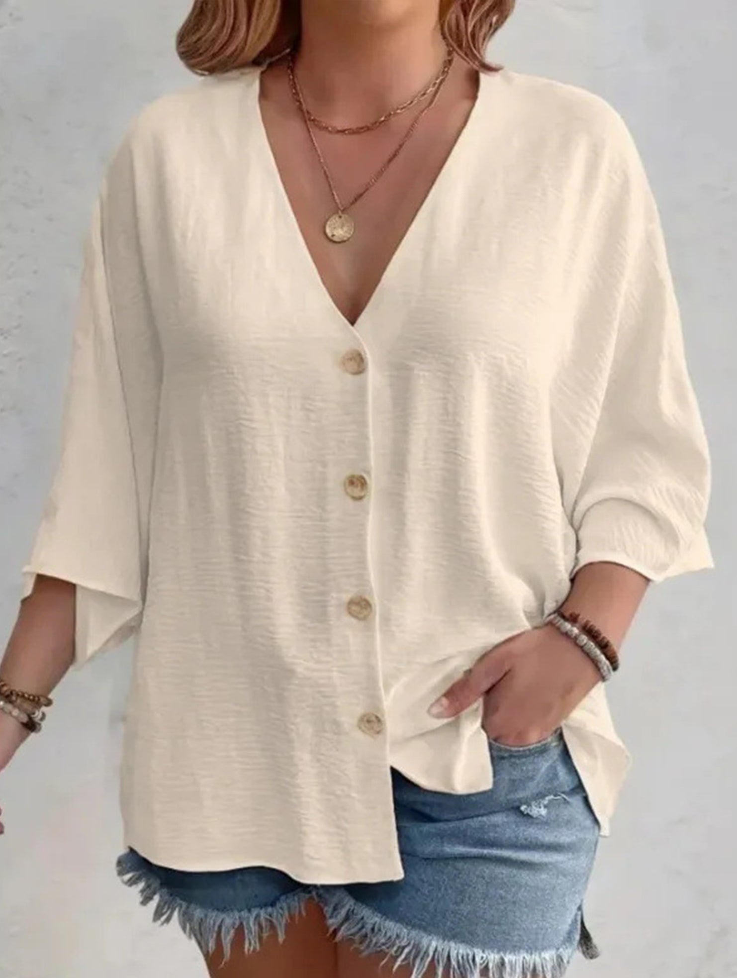 Cárdigan de botón de cuello en V de talla grande para mujer, manga suelta, blusa casual de uso diario – Multicolor