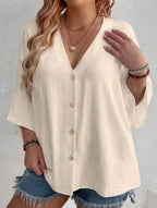 Cárdigan de botón de cuello en V de talla grande para mujer, manga suelta, blusa casual de uso diario – Multicolor
