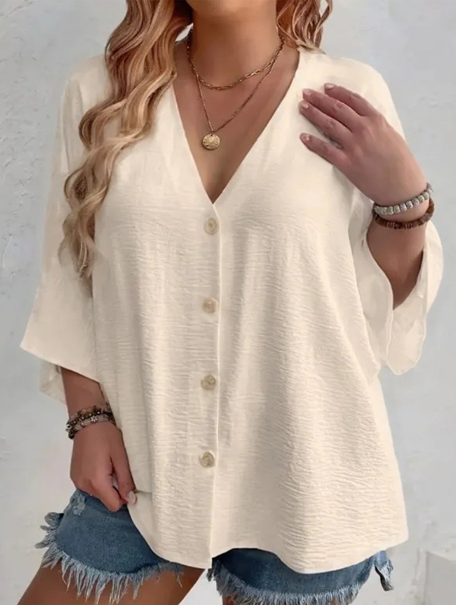Cárdigan de botón de cuello en V de talla grande para mujer, manga suelta, blusa casual de uso diario – Multicolor