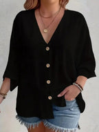 Cárdigan de botón de cuello en V de talla grande para mujer, manga suelta, blusa casual de uso diario – Multicolor