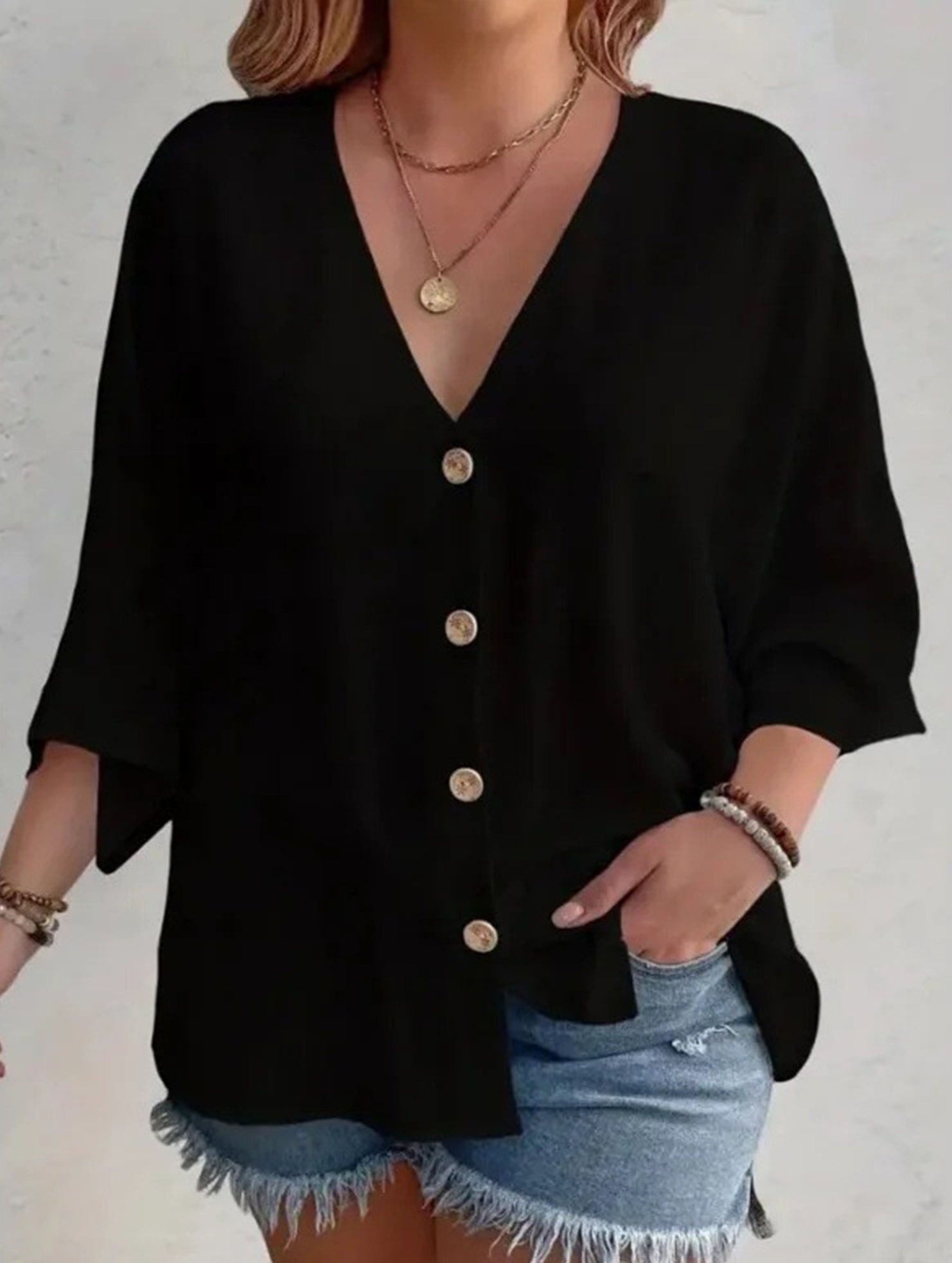 Cárdigan de botón de cuello en V de talla grande para mujer, manga suelta, blusa casual de uso diario – Multicolor
