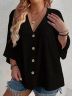 Cárdigan de botón de cuello en V de talla grande para mujer, manga suelta, blusa casual de uso diario – Multicolor