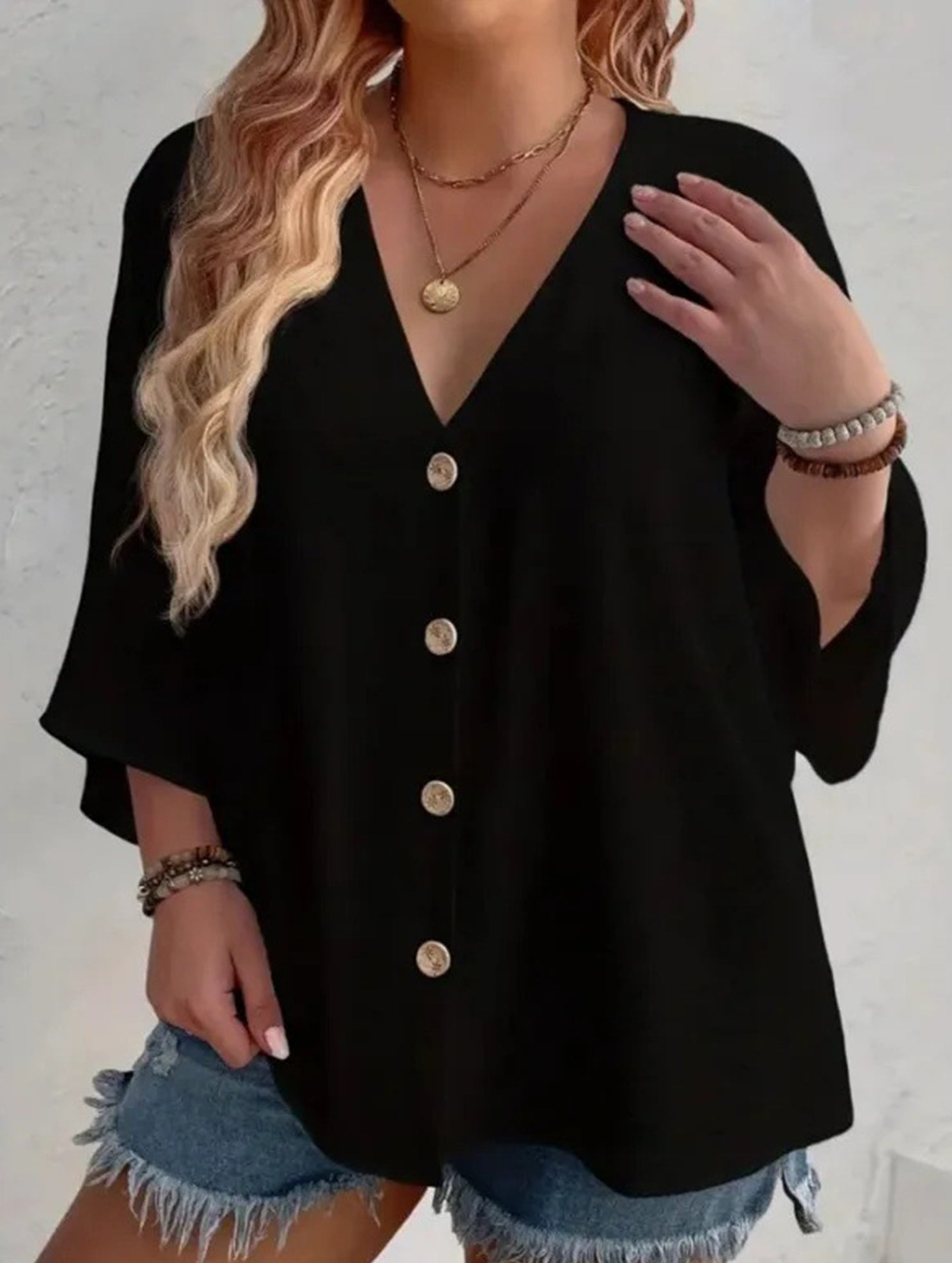 Cárdigan de botón de cuello en V de talla grande para mujer, manga suelta, blusa casual de uso diario – Multicolor