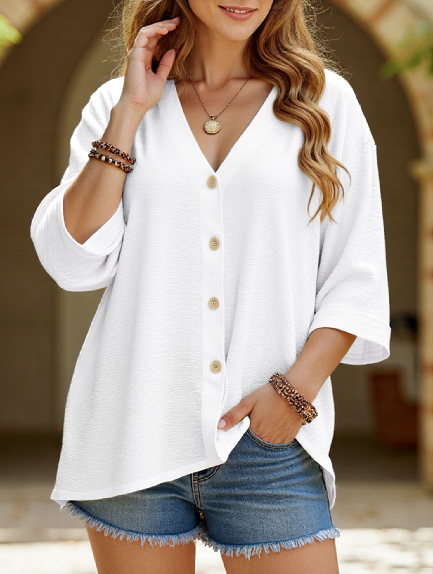 Cárdigan de botón de cuello en V de talla grande para mujer, manga suelta, blusa casual de uso diario – Multicolor