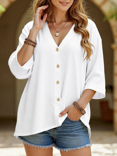 Cárdigan de botón de cuello en V de talla grande para mujer, manga suelta, blusa casual de uso diario – Multicolor