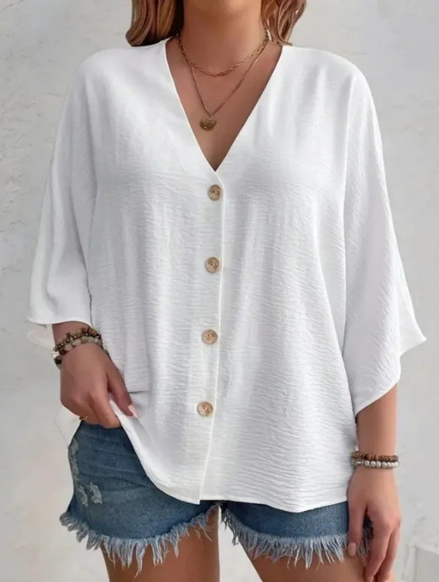 Cárdigan de botón de cuello en V de talla grande para mujer, manga suelta, blusa casual de uso diario – Multicolor