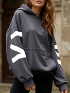 Sudadera con Capucha Gráfica Oversized para Mujeres, Ropa Casual de Calle, Suéter Cómodo de Ajuste Suelto – Gris Azul