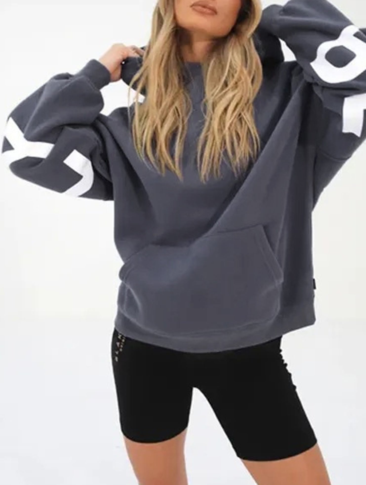 Sudadera con Capucha Gráfica Oversized para Mujeres, Ropa Casual de Calle, Suéter Cómodo de Ajuste Suelto – Gris Azul
