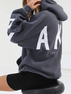 Sudadera con Capucha Gráfica Oversized para Mujeres, Ropa Casual de Calle, Suéter Cómodo de Ajuste Suelto – Gris Azul