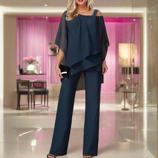 Conjunto de Dos Piezas de Chifón de Lujo para Mujeres, Top con Capa y Pantalones de Pierna Ancha, Elegante para la Noche y Oficina, Corte Suelto