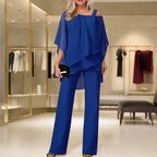 Conjunto de Dos Piezas de Chifón de Lujo para Mujeres, Top con Capa y Pantalones de Pierna Ancha, Elegante para la Noche y Oficina, Corte Suelto