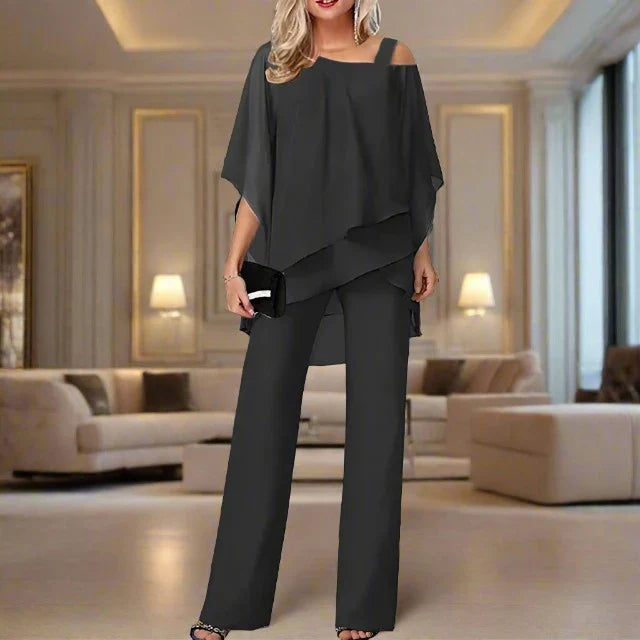 Conjunto de Dos Piezas de Chifón de Lujo para Mujeres, Top con Capa y Pantalones de Pierna Ancha, Elegante para la Noche y Oficina, Corte Suelto