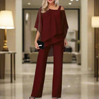 Conjunto de Dos Piezas de Chifón de Lujo para Mujeres, Top con Capa y Pantalones de Pierna Ancha, Elegante para la Noche y Oficina, Corte Suelto
