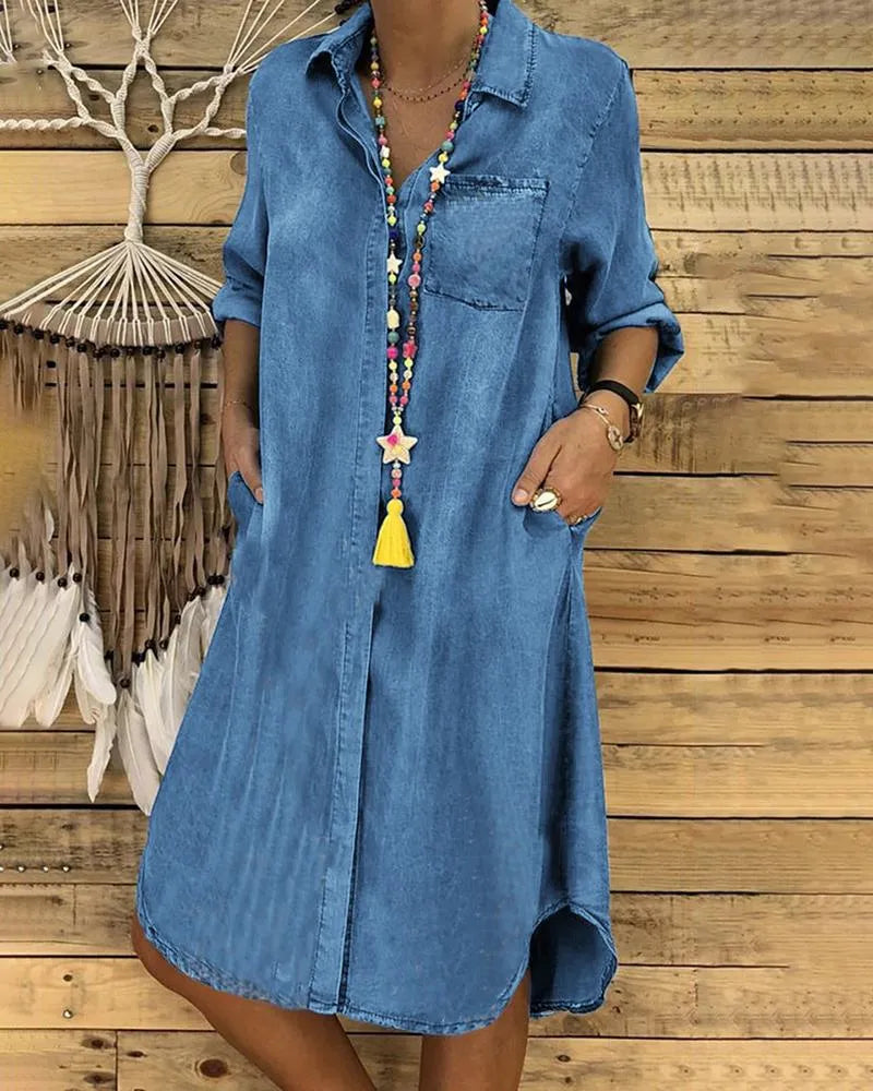 Vestido Camisero de Denim Casual para Mujer con Cuello Botonado, Bolsillos y Corte Relajado para el Verano