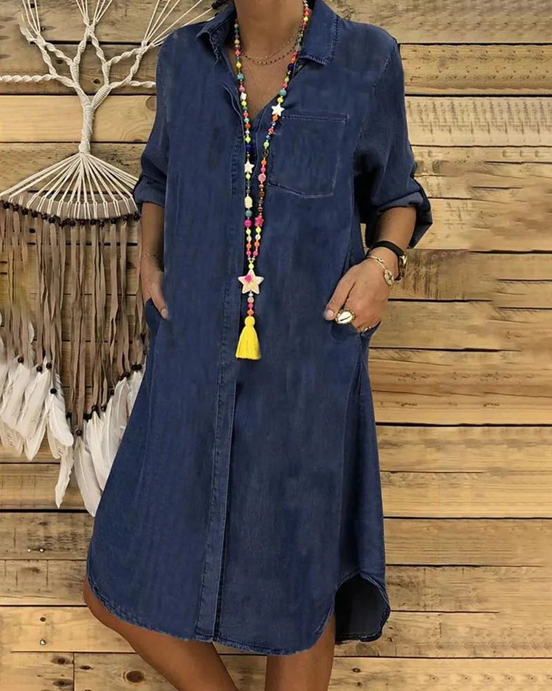 Vestido Camisero de Denim Casual para Mujer con Cuello Botonado, Bolsillos y Corte Relajado para el Verano