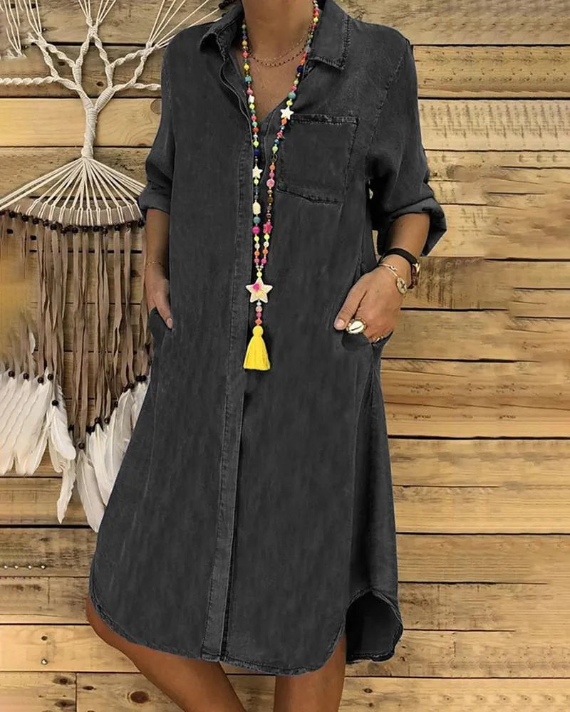 Vestido Camisero de Denim Casual para Mujer con Cuello Botonado, Bolsillos y Corte Relajado para el Verano