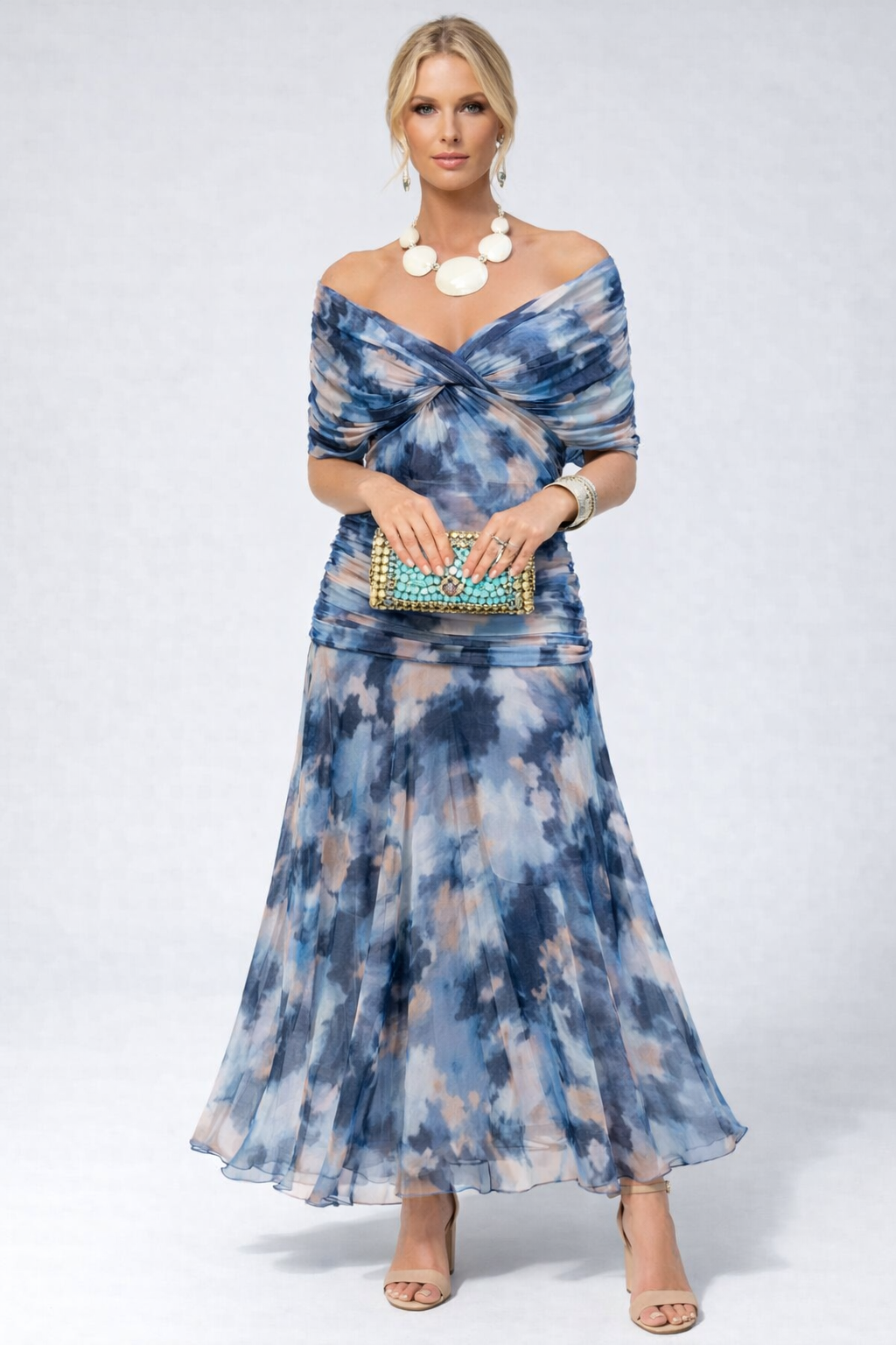 Vestido Largo Floral Fluido para Mujer Off-Shoulder V-Cuello Formal Elegante para Invitadas de Boda Casual – Lilly