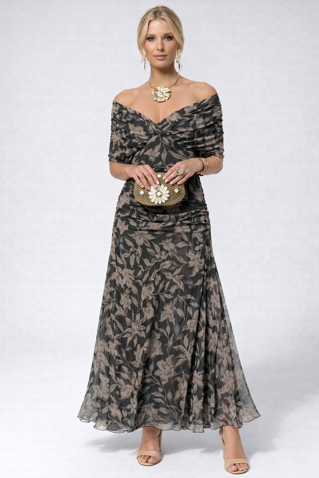 Vestido Largo Floral Fluido para Mujer Off-Shoulder V-Cuello Formal Elegante para Invitadas de Boda Casual – Lilly
