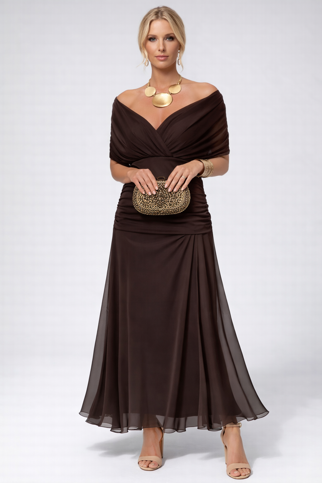 Vestido Largo Floral Fluido para Mujer Off-Shoulder V-Cuello Formal Elegante para Invitadas de Boda Casual – Lilly